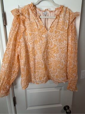 J. Crew Yellow-White Floral V-Neck Ruffle Blouse
